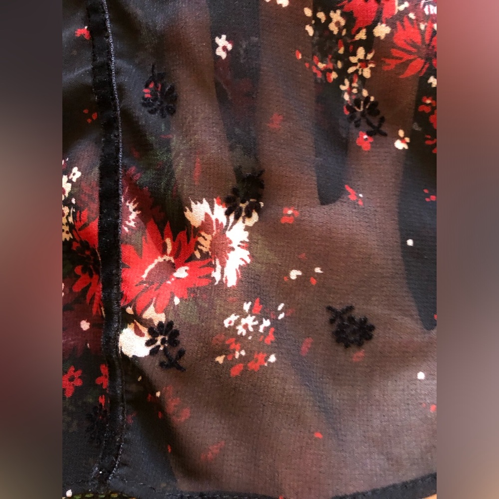 Zara Basic Sheer Dark Floral Velvet Accent V Neck Blouse w/ Ruffle Sleeve - Picture 10 of 14